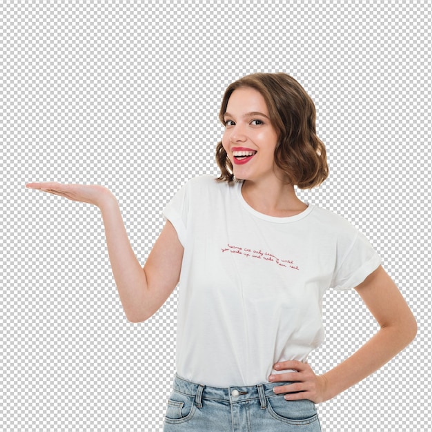 Retrato de uma mulher casual feliz segurando um espaço de cópia
