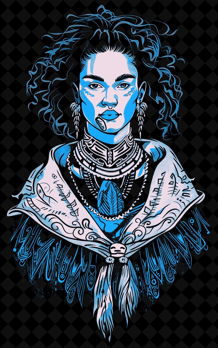 PSD retrato de uma mulher maori vestindo um manto tradicional e um design de cor verde vívido png collections
