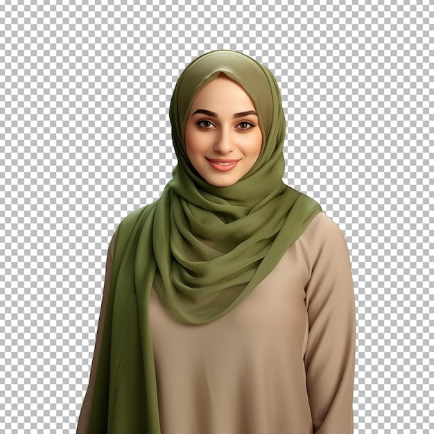 PSD retrato de uma mulher muçulmana vestindo um hijab verde isolado em um fundo transparente.