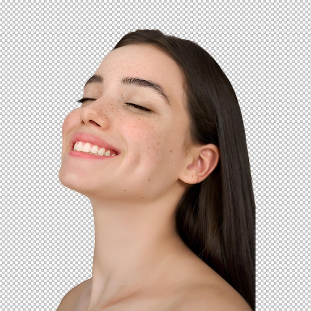 Retrato de uma mulher sorridente com sardas e olhos fechados