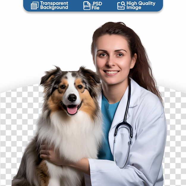PSD retrato de uma veterinária enquanto acaricia um cão na clínica para um exame de saúde de animais de estimação