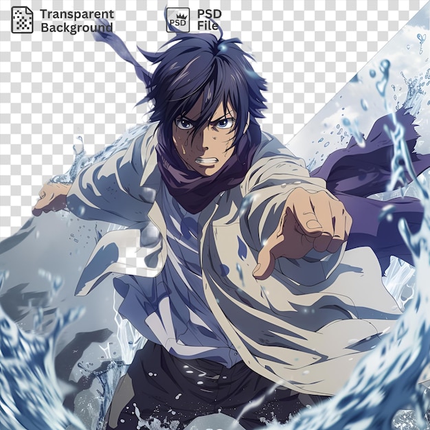 PSD retrato de yato de noragami com cabelo preto e uma camisa branca de pé na água com uma mão marrom visível