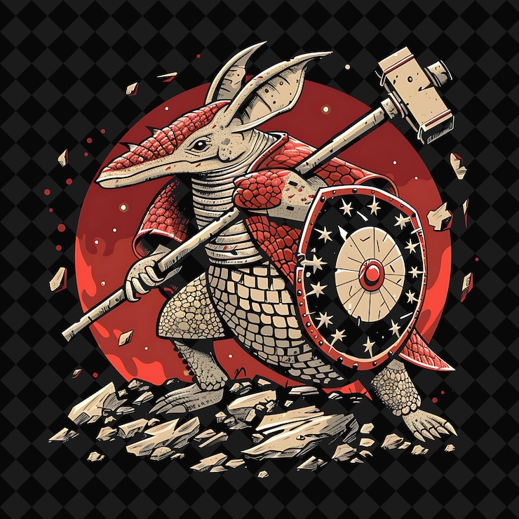 PSD retrato del defensor del armadillo resistente con una maza y un escudo ilustración de personaje de guerrero animal
