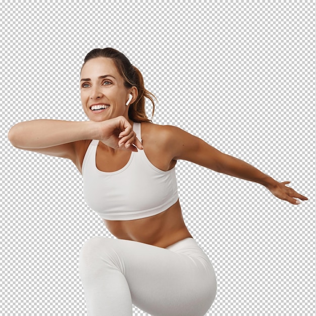 Retrato de deportista estirando el cuerpo haciendo ejercicio levantando la pierna fitness y sonriendo corriendo de pie sobre fondo blanco.