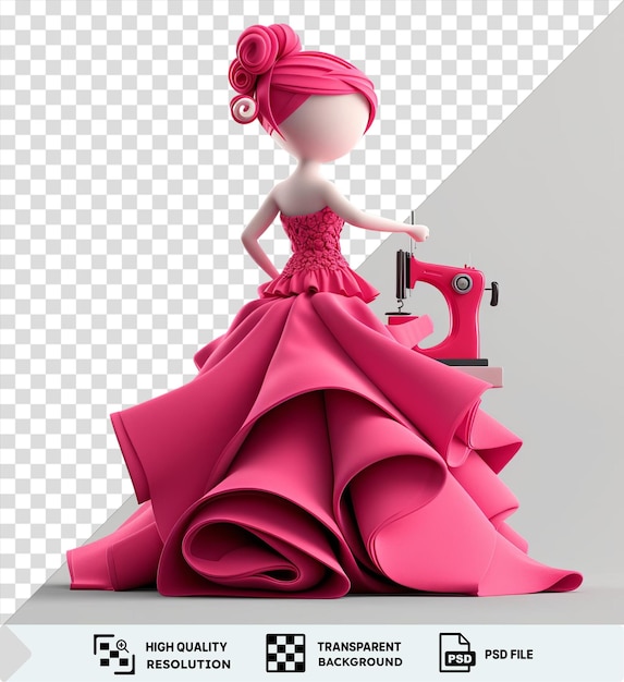 Retrato desenhista de moda 3d desenho animado criando boneca de alta costura em um vestido rosa com um vestido vermelho e rosa e cabelo rosa segurando uma câmera vermelha e rosa e estendendo sua
