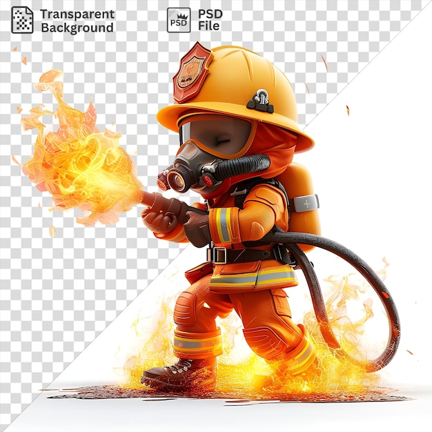 PSD retrato dibujado en 3d de un bombero extinguiendo un incendio con una manguera de incendios con casco amarillo y pantalones naranjas mientras sostiene un arma negra y lleva un cinturón negro