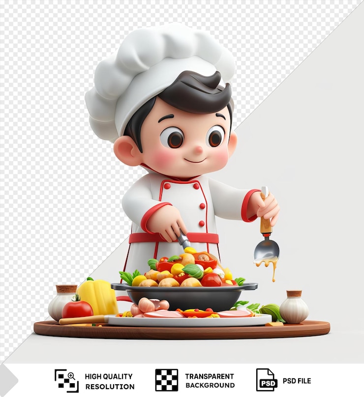 PSD retrato de dibujos animados de chef 3d creando una comida gourmet en un restaurante rodeado de frutas y verduras de colores en una mesa de madera el chef lleva un sombrero blanco y tiene el cabello negro mientras