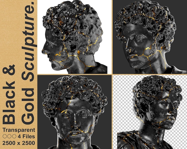 PSD retrato digital do jovem marco aurélio em mármore preto e ativo de renderização 3d dourado
