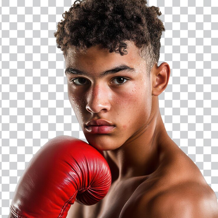 PSD retrato dinámico de una joven sensación del boxeo con guantes perfectos para campañas de promoción deportiva y fitness y fondo transparente