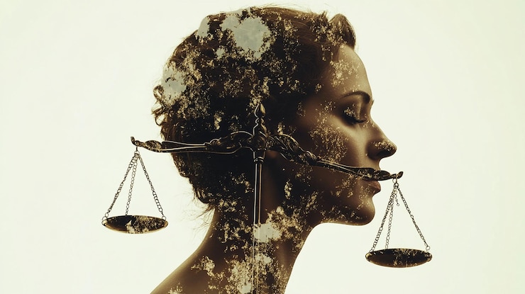 PSD retrato de doble exposición de una mujer y balanzas de justicia