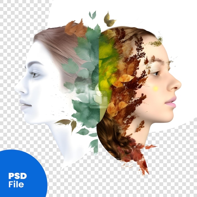 PSD retrato de doble exposición de una mujer joven con hojas en el cabello plantilla psd