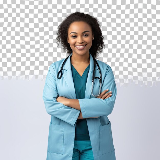 PSD retrato de una doctora o enfermera afroamericana positiva posando con los brazos cruzados y sonriendo