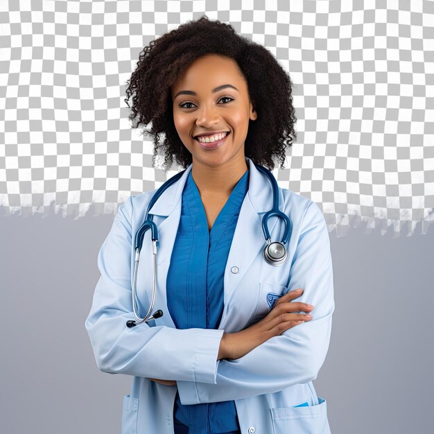 PSD retrato de una doctora o enfermera afroamericana positiva posando con los brazos cruzados y sonriendo