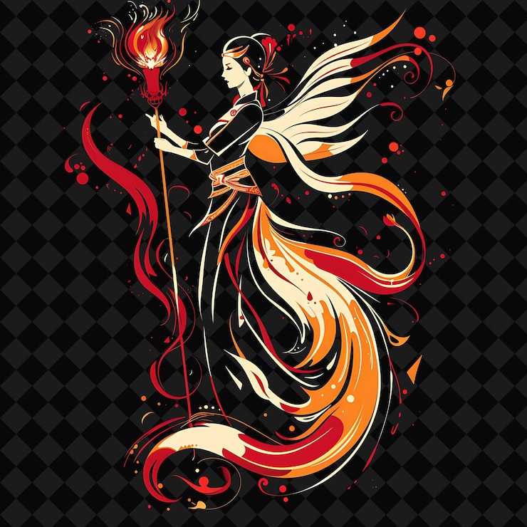 PSD retrato elegante de la hechicera fénix sosteniendo un bastón de fuego con la ilustración del personaje animal guerrero