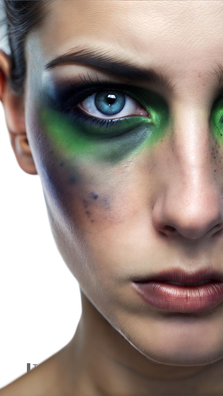 PSD retrato em close-up de mulher com maquiagem verde em fundo transparente