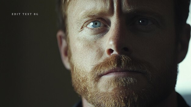 Retrato em close-up de um homem com olhos azuis intensos e barba avermelhada olhando diretamente para a câmera