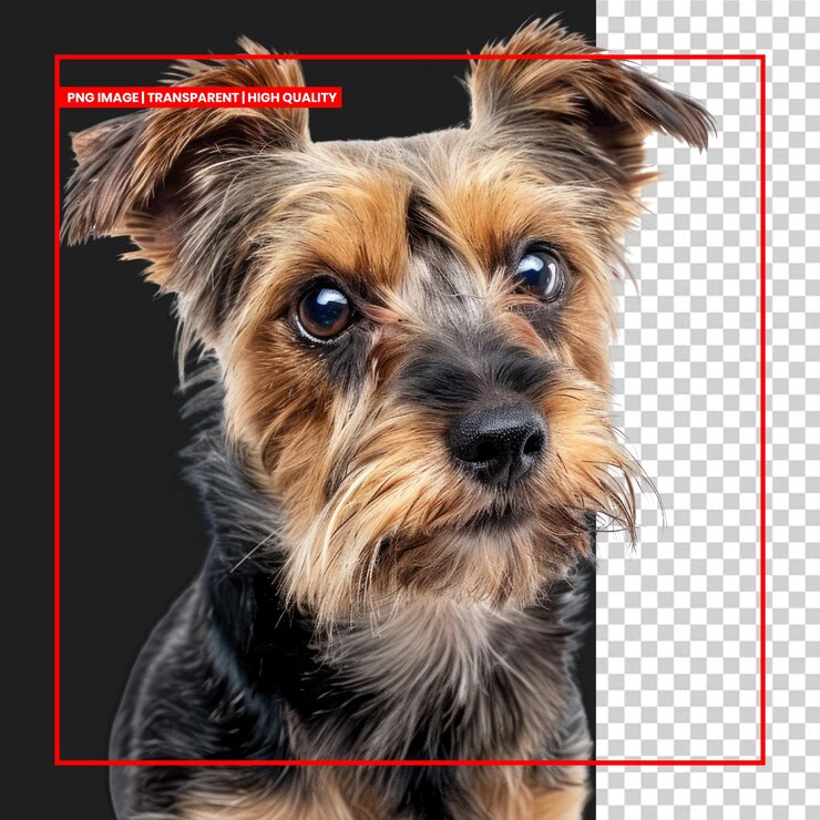 PSD retrato em close-up de um lindo cão yorkshire terrier com fundo removido