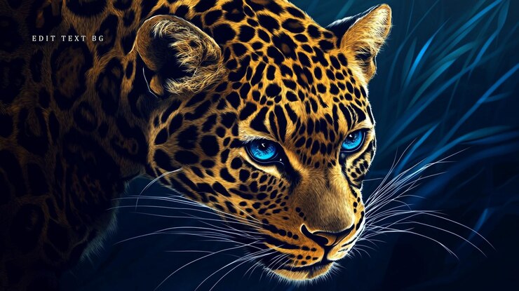 PSD retrato em close-up de um majestoso leopardo com olhos azuis impressionantes em um fundo escuro e exuberante