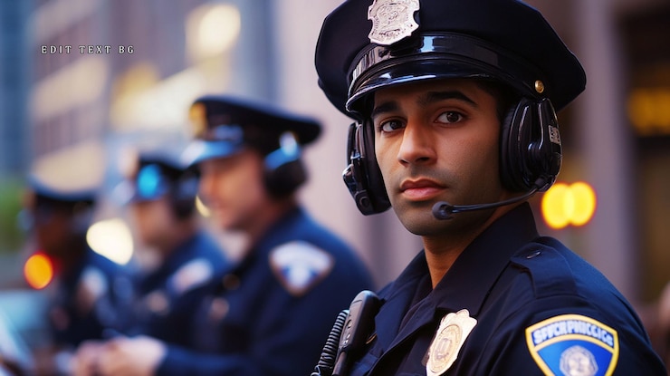 PSD retrato em close-up de um policial em uniforme usando um fone de ouvido com colegas no fundo desfocado