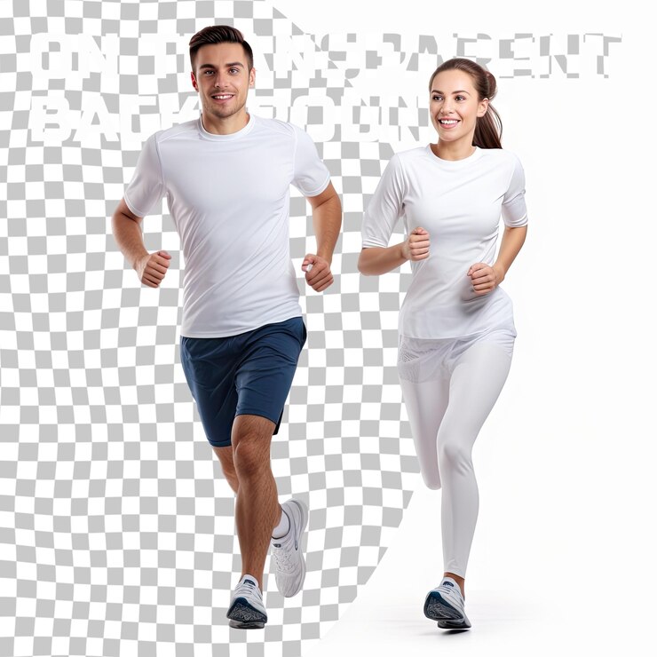 PSD retrato em comprimento completo de um jovem e uma mulher correndo isolados em fundo transparente