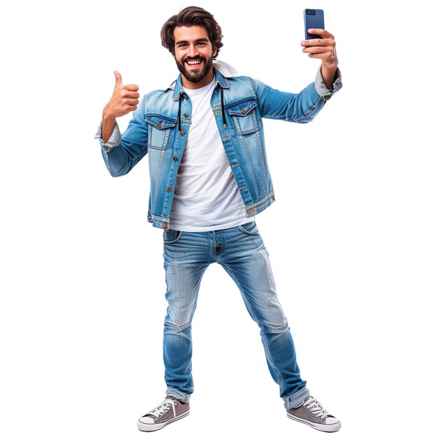 PSD retrato em comprimento de um homem casual sorridente tomando selfie e mostrando o polegar para cima