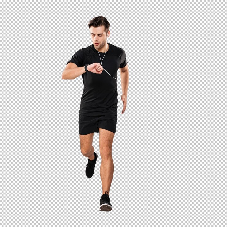 PSD retrato em comprimento de um jovem desportista em forma com fones de ouvido