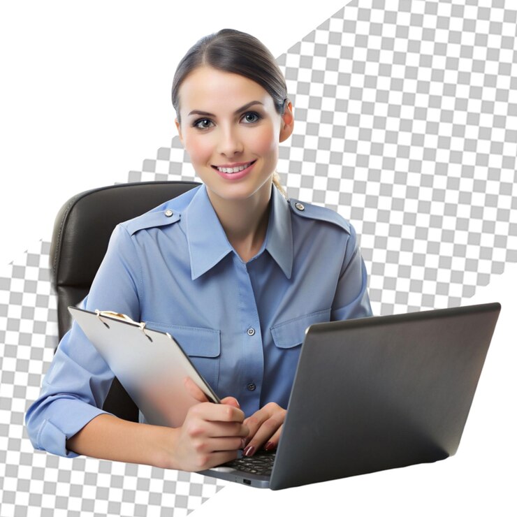 PSD retrato de una empresaria joven sonriente que sostiene las lentes disponibles con el ordenador portátil en el escritorio