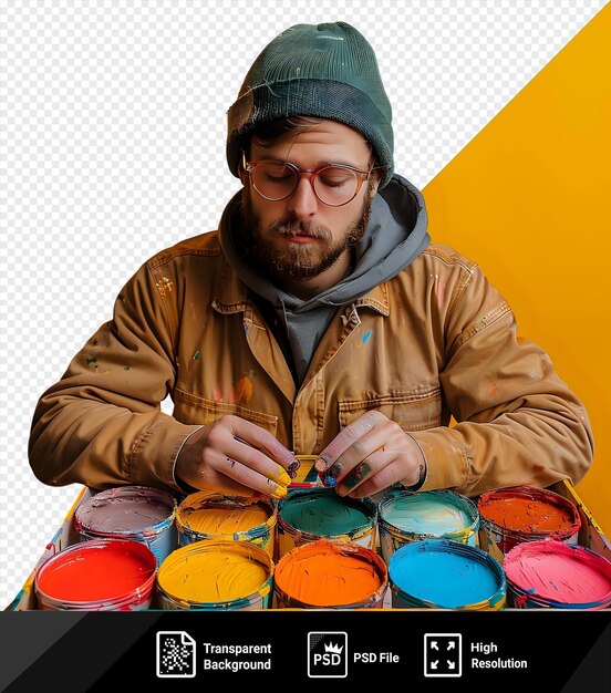 PSD retrato enfocado artesano aplicando una capa de pintura a la caja mientras está de pie frente a una pared amarilla lleva una chaqueta marrón gafas negras y un sombrero verde y azul sostiene png psd