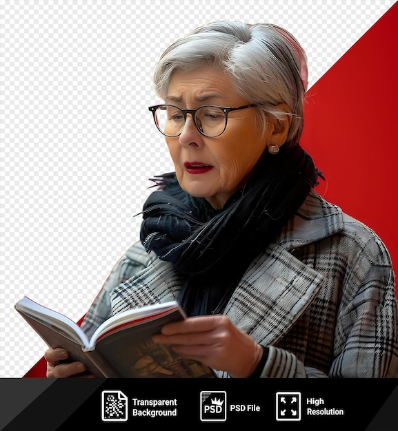 PSD retrato enfocado mujer anciana con gafas eligiendo literatura para leer rodeada por una pared roja y con una bufanda negra y un pendiente de plata con cabello gris y una cara sonriente png psd