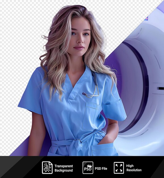 PSD retrato especialista médico loira em uniforme azul perto do scanner de ressonância magnética png psd