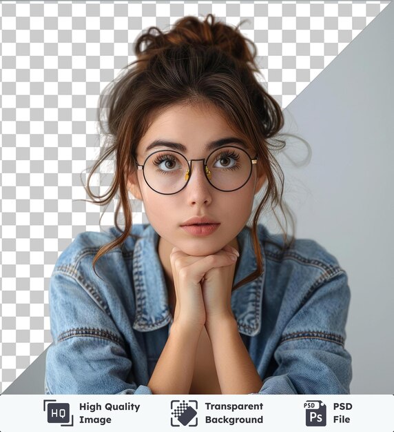 Retrato de una estudiante con gafas vestida con una camisa de vaqueros de moda se preocupa por algo nerviosa se muerde las uñas esperando los resultados del examen