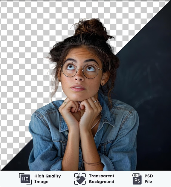 PSD retrato de una estudiante con gafas vestida con una camisa de vaqueros de moda se preocupa por algo nerviosa se muerde las uñas esperando los resultados del examen