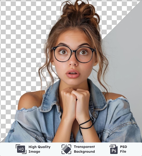 PSD retrato de una estudiante con gafas vestida con una camisa de vaqueros de moda se preocupa por algo nerviosa se muerde las uñas esperando los resultados del examen