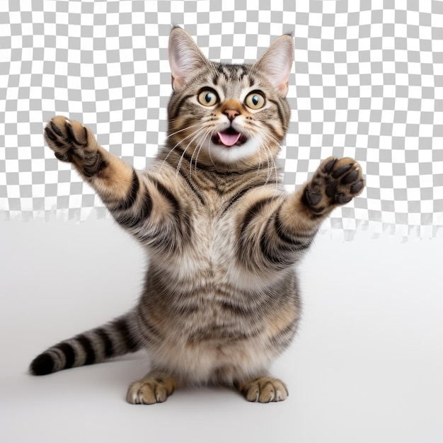PSD retrato de estudio de un gato tabby de pie en la espalda con las patas hacia arriba contra un telón de fondo transparente