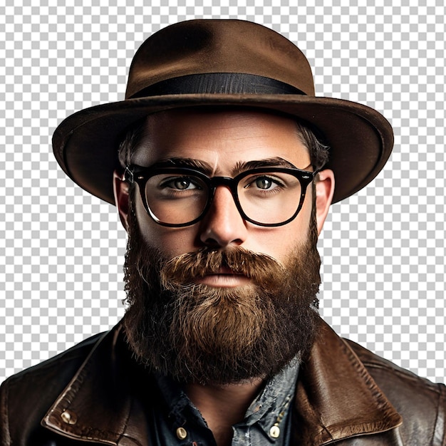 Retrato de estudio de un hombre adulto medio riendo en trilby con barba crecida