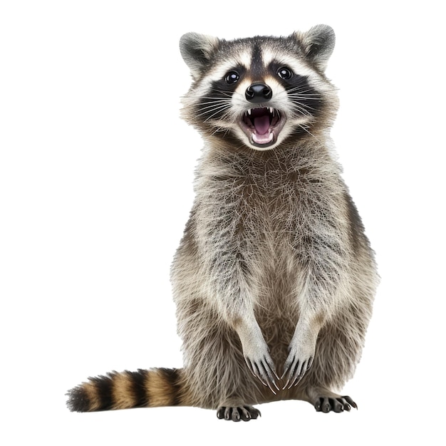 PSD retrato de estudio de un mapaches de pie con la boca abierta mirada sorprendida