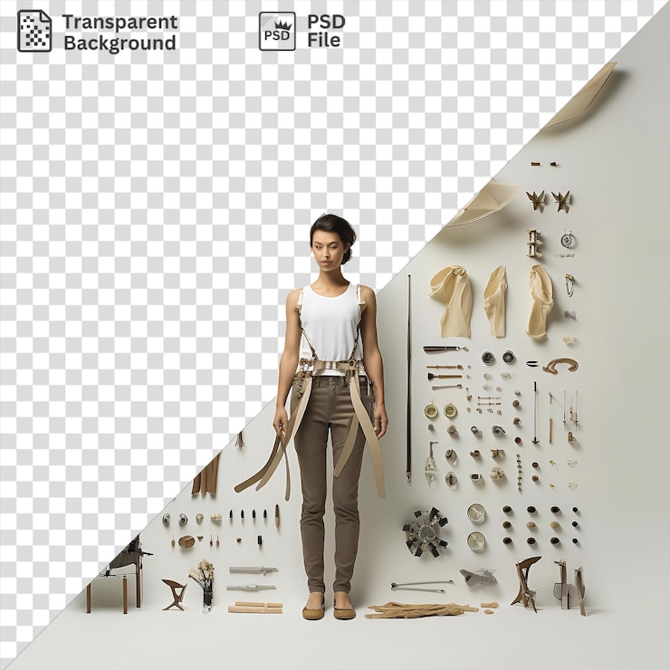 PSD retrato de fabricación de cometas y equipo de vuelo exhibido en una pared blanca acompañado por una mujer con una camiseta blanca y un cinturón marrón con un zapato marrón visible en primer plano