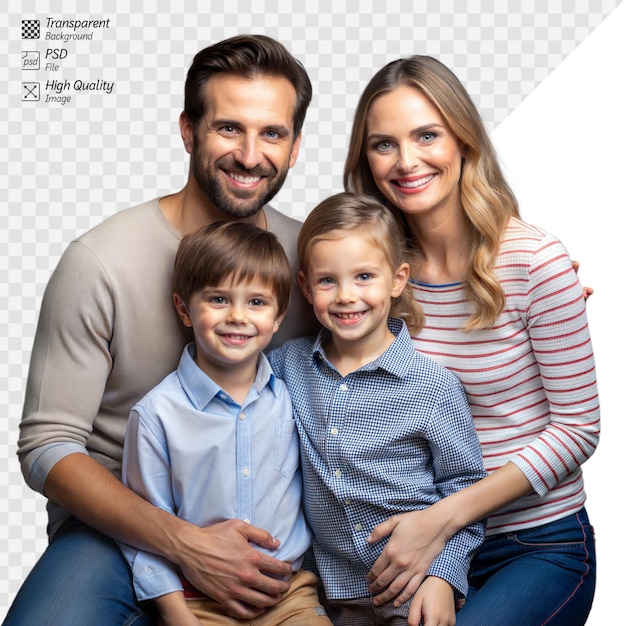 Retrato de familia feliz con dos niños pequeños y padres