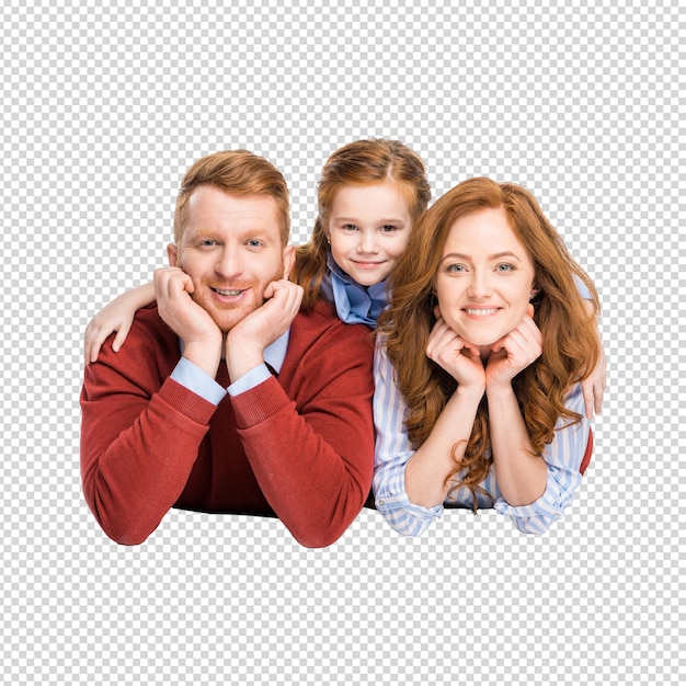 Retrato de familia feliz Padre madre e hija sonriendo juntos