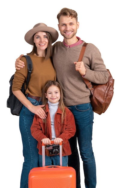 Retrato de familia con hija preparándose para ir de viaje