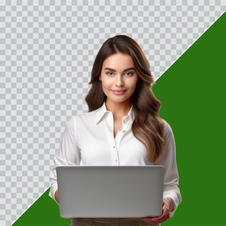 PSD retrato de feliz con computadora portátil en gris sin horneado
