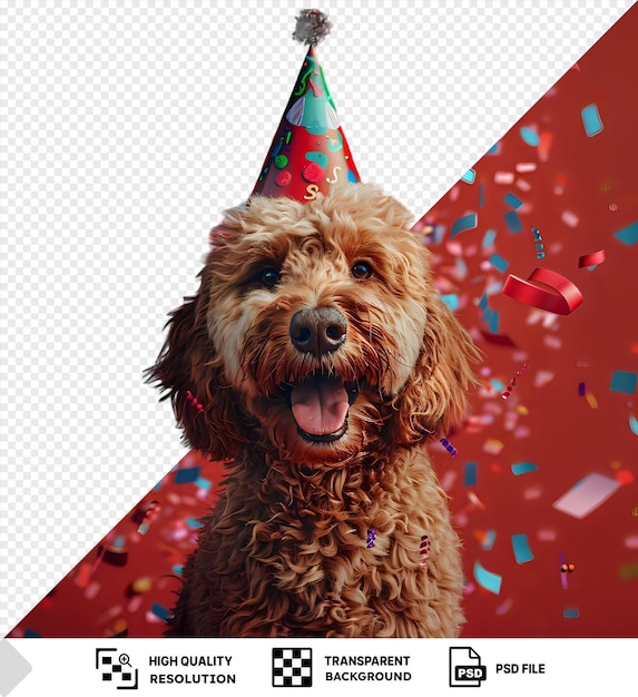 PSD retrato feliz lindo perro labradoodle con un sombrero de fiesta celebrando en una fiesta de cumpleaños rodeado de confeti cayendo png