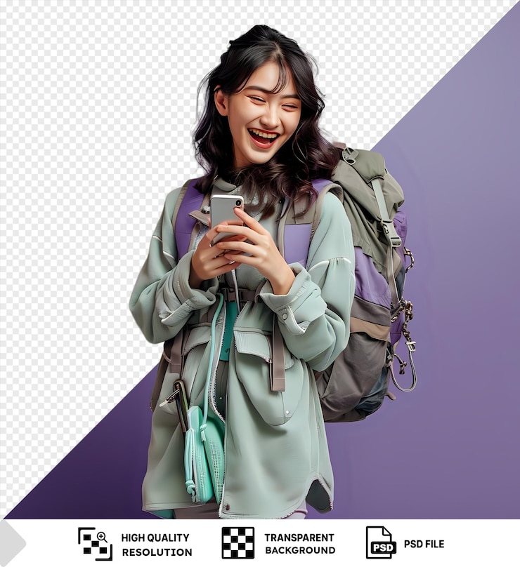 PSD retrato de fondo transparente de una joven feliz riendo con una mochila y un teléfono móvil en la mano