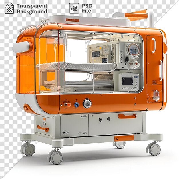 Retrato fotográfico realista de enfermeiras neonatais incubadora com uma roda preta e alça laranja com uma pequena janela no fundo