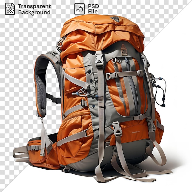 Retrato fotográfico realista mochila de excursionistas con correa negra y gris y correa gris con una mochila naranja