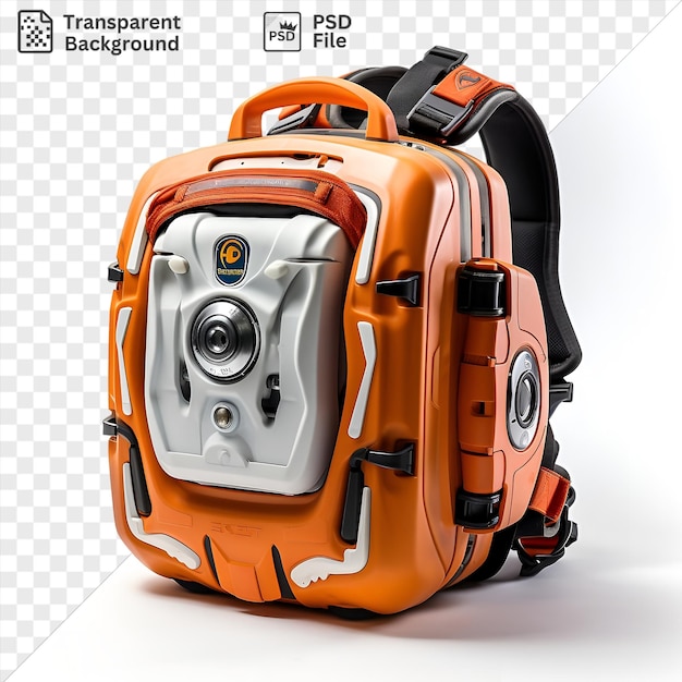 PSD retrato fotográfico realista paramédicos desfibrilador y mochila con una cámara plateada y mango naranja con una sombra blanca en el fondo