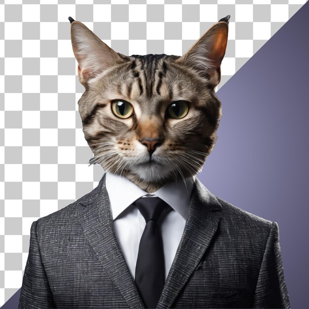 PSD retrato de gato doméstico antropomórfico humanoide vistiendo traje de negocios aislado transparente