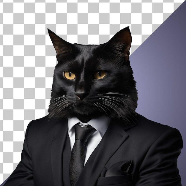 PSD retrato de gato negro antropomórfico humanoide con traje de negocios aislado transparente