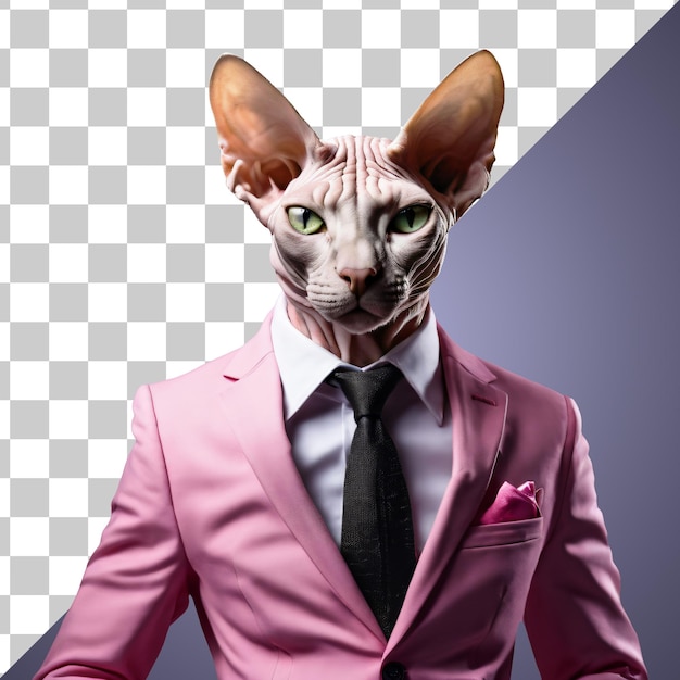 PSD retrato de gato sphynx antropomórfico humanoide con traje de negocios rosa aislado transparente