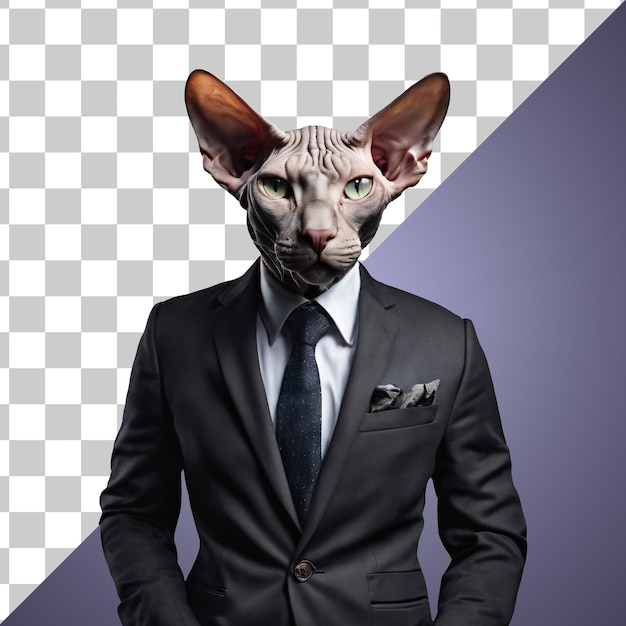 PSD retrato de gato sphynx antropomórfico humanoide vestido con traje negro aislado transparente